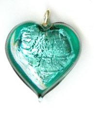 1 13x13x6mm Emerald with Foil Lampwork Heart Pendant